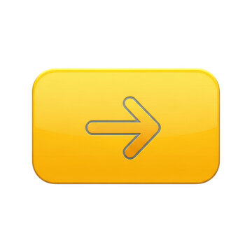 Yellow glossy button with right arrow icon isolated on white background