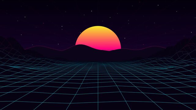 Retro synthwave wireframe landscape with glowing neon grid and sunset