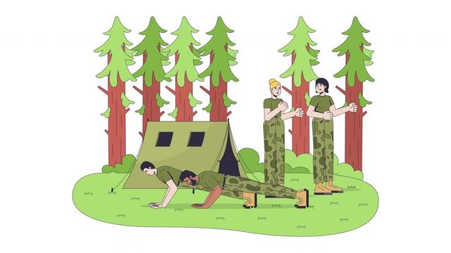 Military field camp fitness training cartoon animation. Physical resilience. Soldiers perform exercises beside tent in forest animated flat 2D characters 4K video on transparent white background