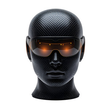 Modern sci-fi robotic head unit with orange glowing visor for artificial intelligence robotics and futuristic cybersecurity character design