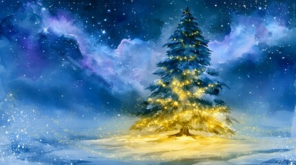 Fototapeta premium Majestic Watercolor Christmas Tree Glowing with Fairy Lights in a Dreamy Snowy Cosmic Night Scene