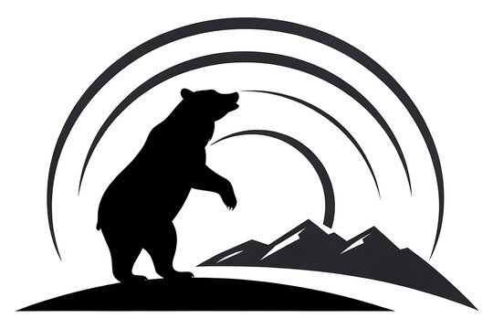 Bear silhouette standing on mountain with rainbow background