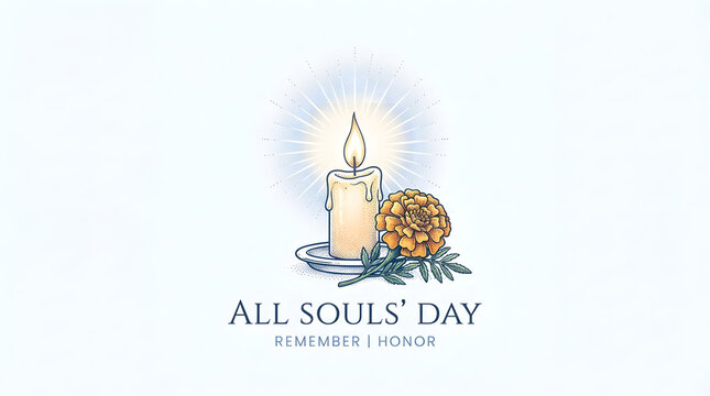 Burning candle and marigold flower for All Souls Day remembrance and honor, gentle light.