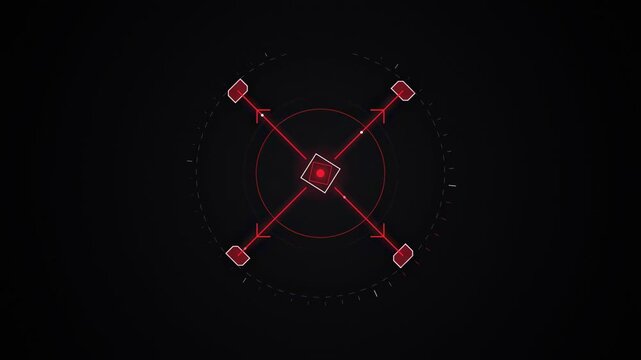 Abstract animated laser designator locking its beam drawn as coral and magenta lines and shapes on a deep dark background. Seamless looping 4K motion graphics video with free space for text, ideal for
