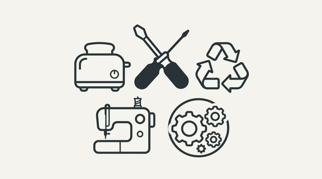 Collection of black line icons for repair cafe sustainability and circular economy including tools toaster sewing machine and recycling symbol