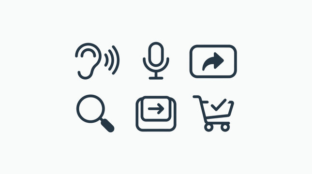 Set of minimalist fintech and accessibility line icons for mobile app interface design including search shopping cart and voice control