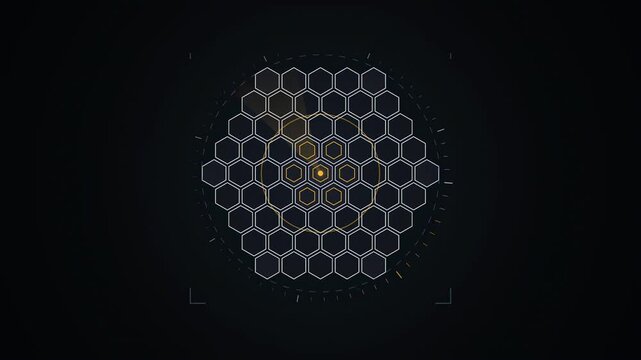 Abstract animated hexagon tiles cascading into a panel drawn as cool blue-white lines and shapes on a deep dark background. Seamless looping 4K motion graphics video with free space for text, ideal fo