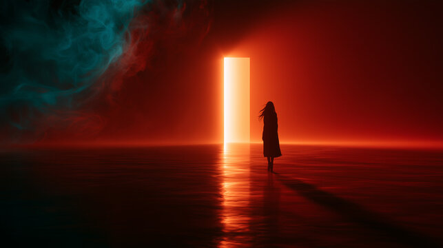 Woman in dark clothing facing a brilliant rectangular light portal across reflective water, surrounded by deep red atmosphere and turquoise smoke, cinematic concept of mystery, emotion and change