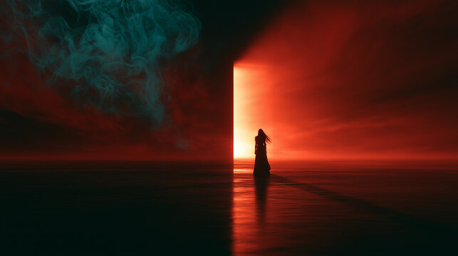 Solitary woman approaching a massive rectangular opening glowing through a crimson horizon, with turquoise vapor above dark reflective water, surreal artwork about choice, transition and the unknown