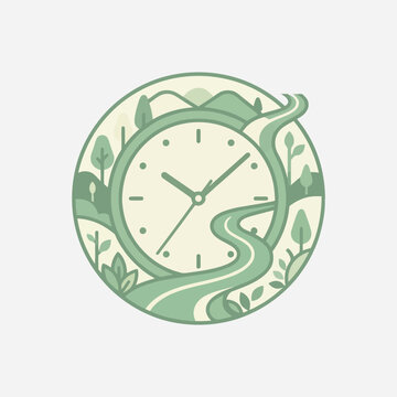 Minimalist green vector illustration of a clock integrated with a peaceful nature landscape representing slow living and mindfulness