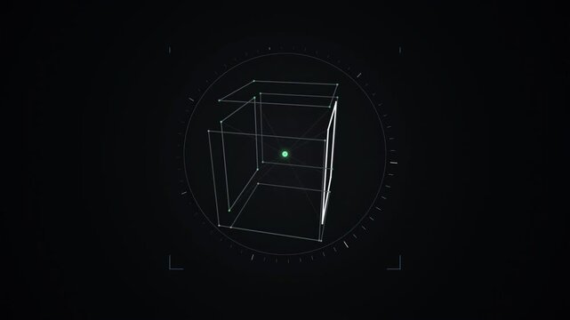 Abstract animated wireframe cube unfolding into a net drawn as cool blue-white lines and shapes on a deep dark background. Seamless looping 4K motion graphics video with free space for text, ideal for