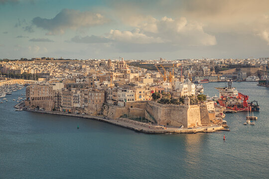View of Birgu, Isla and Bromla from the Saluting Battery in Valletta, Malta