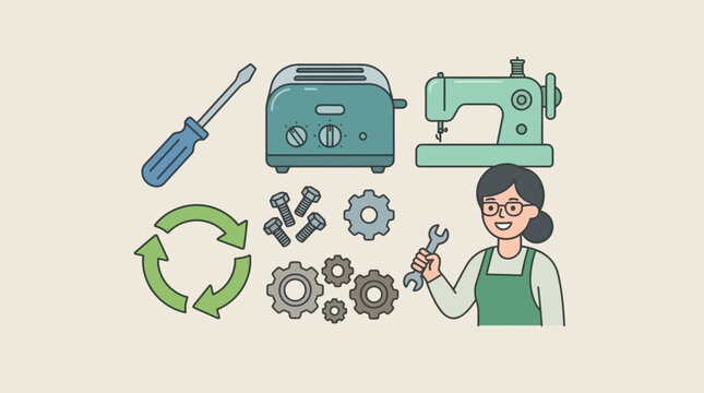 Professional woman fixing household appliances with tools and recycling symbol for sustainable living and circular economy concept