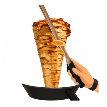 Hand slicing doner kebab meat from vertical rotisserie spit vector illustration isolated on white background