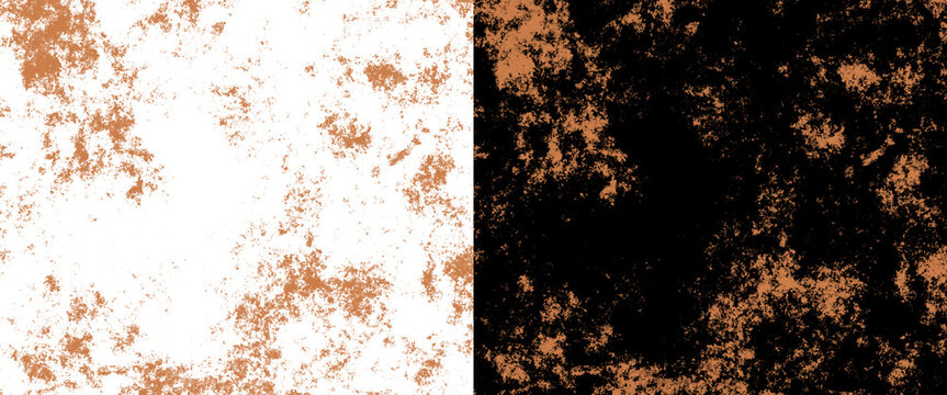Grunge copper texture set, weathered metallic rust overlays on black and white backgrounds, industrial distressed material surface