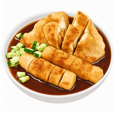 Indonesian pempek palembang fried fish cakes with sweet and sour cuko sauce and diced cucumber vector illustration isolated on white background