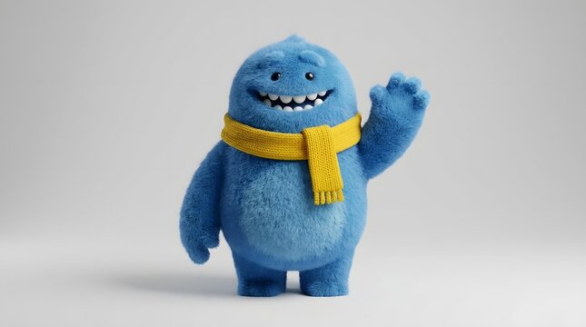 Friendly blue cartoon monster with yellow scarf waving on white background