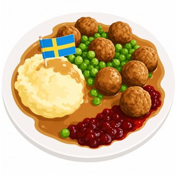 Swedish meatballs kottbullar with mashed potatoes cream gravy green peas and lingonberry jam on plate vector illustration isolated on white background