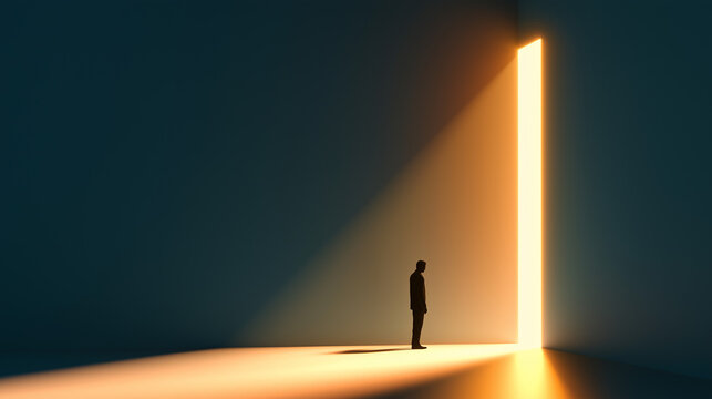 Silhouetted man beside a radiant vertical light portal in a dark minimalist interior, dramatic golden illumination and long shadows creating a surreal concept of opportunity, transition and hope