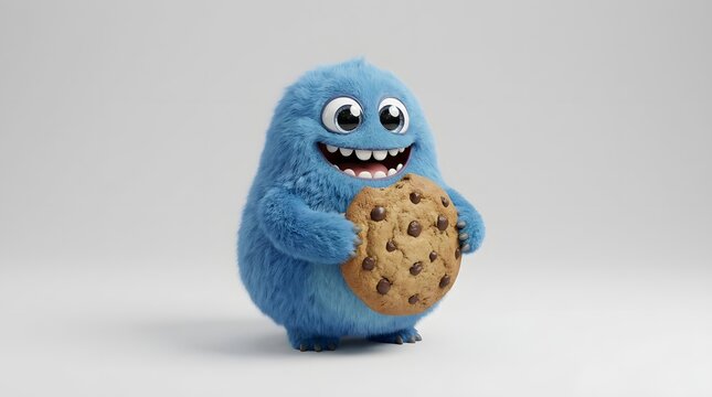 Cute blue furry monster happily holding a chocolate chip cookie