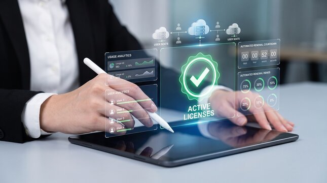 software license management and subscription renewal concept showing businessman using tablet with active licenses, usage analytics, and automated countdown dashboard