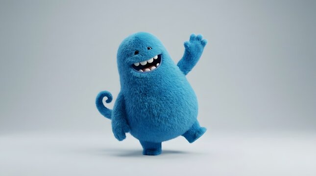 Cheerful blue monster waving on a plain background