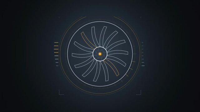 Abstract animated turbine rotor spinning up to speed drawn as blue and cyan lines and shapes on a deep dark background. Seamless looping 4K motion graphics video with free space for text, ideal for ti