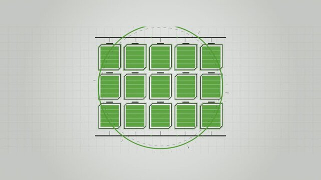 Abstract animated battery cell array charging up drawn as green and teal lines and shapes on a bright, clean light background. Seamless looping 4K motion graphics video with free space for text, ideal