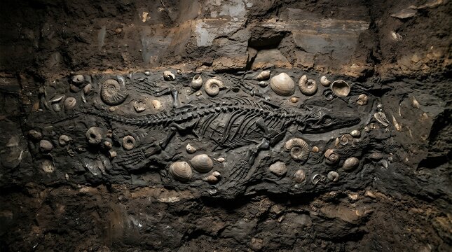 Underground Prehistoric Fossil Layer Containing Ancient Reptile Skeleton Remains And Shell Fossils Imbedded In Earth fossil dinosaur skeleton underground earth soil dirt ancient prehistoric bones