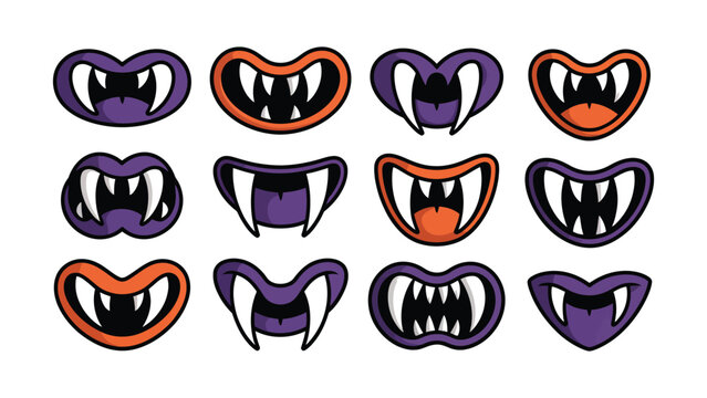 Set of cartoon halloween monster mouths with sharp fangs and scary teeth designs for holiday decoration