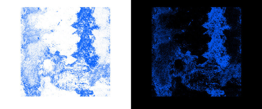 Abstract blue ink texture set, grunge cobalt paint splatters on white and black backgrounds, artistic distressed wash effects