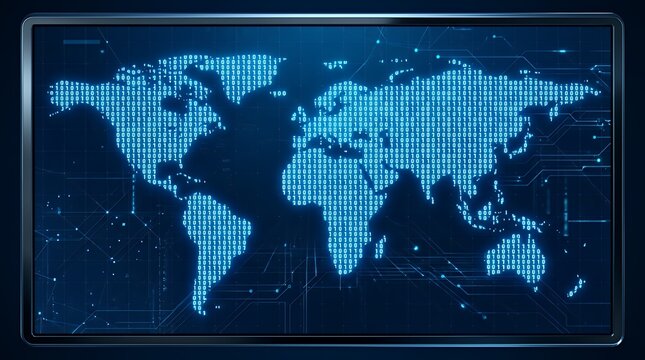 Digital Map Displaying Geographic Silhouette Formed By Binary Code Matrix On Futuristic Blue Data Surface map country binary code digital tech blue data technology network information matrix