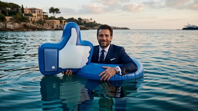 A businessman enjoys a relaxing moment in the sea while holding onto a large inflatable thumbs up symbol