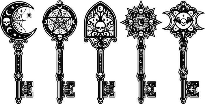 Gothic Halloween Skeleton Keys Vector Set with Occult Moon and Star