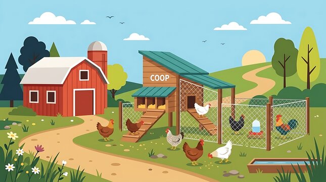 Chicken coop with several chickens and a small barn, minimal text, modern flat vector illustration