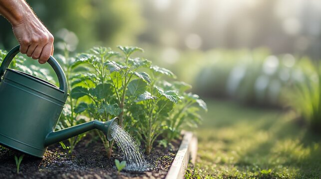 Watering plants in garden with green watering can