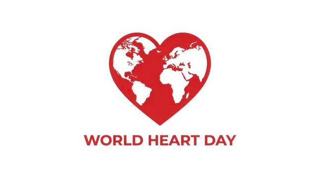 World heart day logo with a red heart and world map isolated on white background