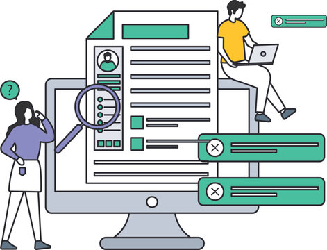 Human resources manager reviewing online resume for candidate selection. Recruitment process with job search talent acquisition employee hiring staffing agency and application rejection.