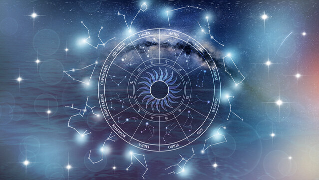 Exploring the astrology zodiac signs with constellations and symbols in a starry sky background