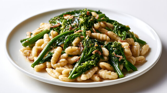 Cavatelli Pasta Tossed with Saut&eacute;ed Broccoli Rabe on a White Plate