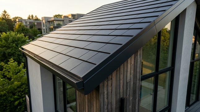Close-up of sleek solar roof tiles seamlessly integrated on modern eco-friendly house edge