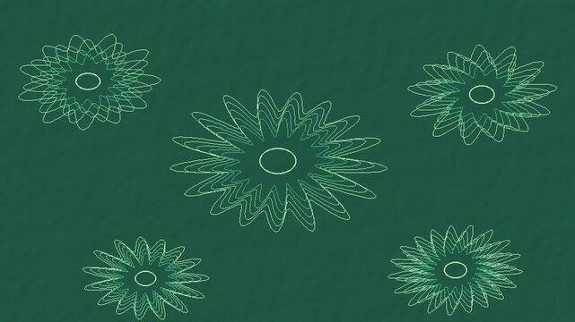 Jade green and cream guilloche security rosettes blooming in a seamless line pattern