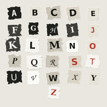 Monochrome and red accent torn paper alphabet letters on pale background with alphabet
