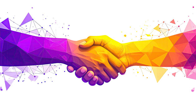 Polygonal handshake, purple to orange, on black