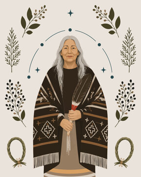 Indigenous Elder Woman with Ceremonial Feather and Traditional Blanket