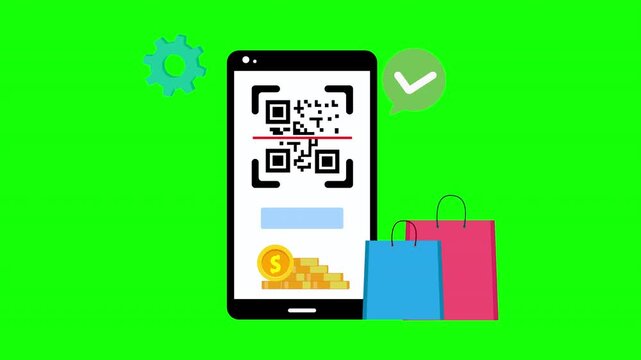 QR Code Mobile Shopping Payment with Smartphone, Shopping Bags and Digital Checkout Concept