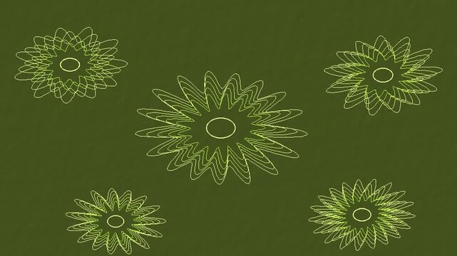 Wasabi green and charcoal guilloche security rosettes blooming in a seamless line pattern