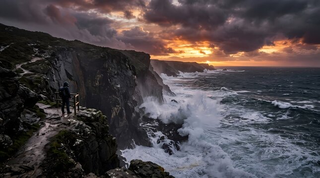 Stunning cliffside panorama showcasing crashing ocean waves during a vibrant sunset