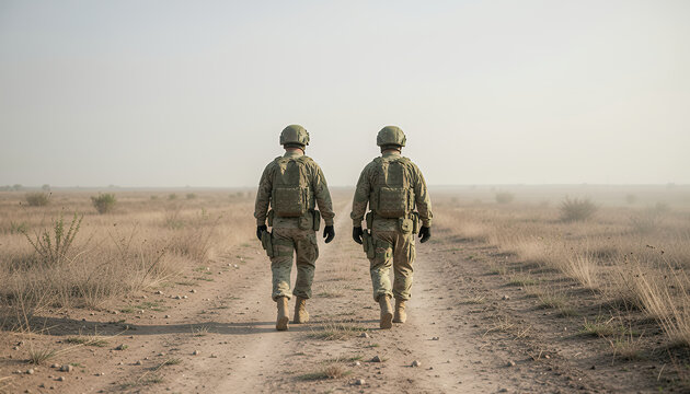 Soldiers walking in desert road military patrol