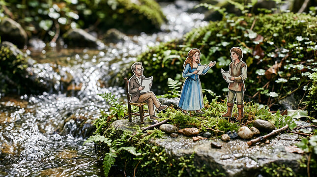 Miniature paper characters stand by a babbling forest stream to discuss their outdoor adventure.